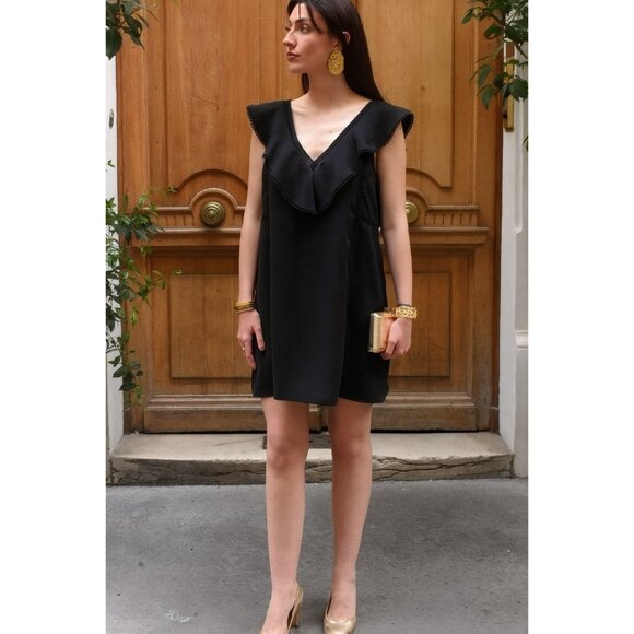 Sézane Black Sleeveless Ruffle V-Neck Dress Size 40 / M Elegant Parisian Style - Picture 11 of 11